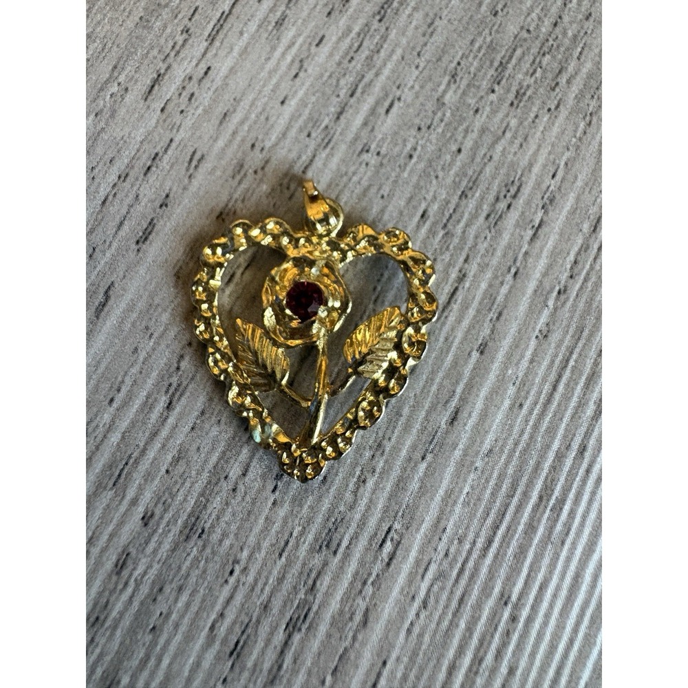 Dainty Rose Heart Pendant Necklace Enamel Flower Red Rhinestone Gold Tone